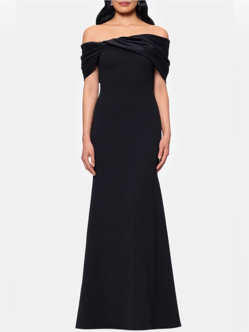 NWT Betsy & Adam Black Off the Shoulder Crepe & Taffeta Sheath Gown Dress